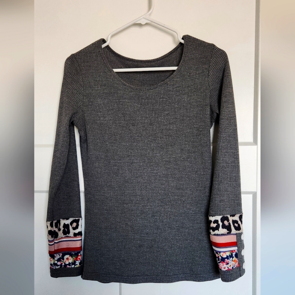 Gray Long Sleeve Top with Patterned Cuffs